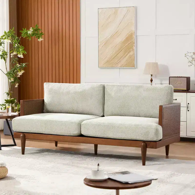 Christopher Knight Home Quince 72 Modern 3-Seater Rubberwood Velvet Upholstered Sofa with Cushion and Rattan Design