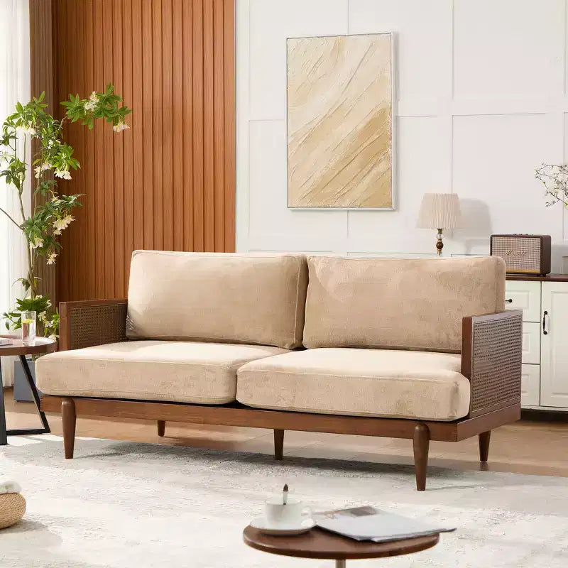 Christopher Knight Home Quince 72 Modern 3-Seater Rubberwood Velvet Upholstered Sofa with Cushion and Rattan Design