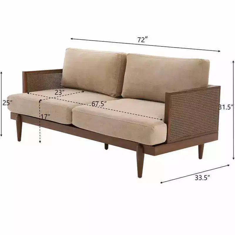 Christopher Knight Home Quince 72 Modern 3-Seater Rubberwood Velvet Upholstered Sofa with Cushion and Rattan Design