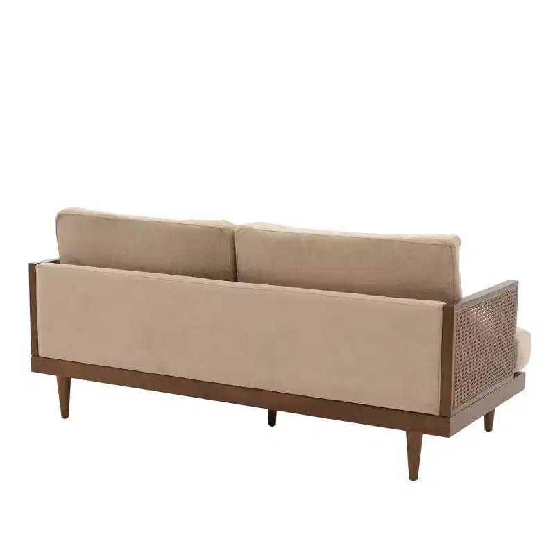 Christopher Knight Home Quince 72 Modern 3-Seater Rubberwood Velvet Upholstered Sofa with Cushion and Rattan Design
