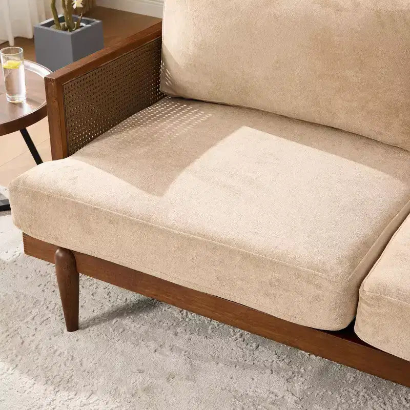 Christopher Knight Home Quince 72 Modern 3-Seater Rubberwood Velvet Upholstered Sofa with Cushion and Rattan Design