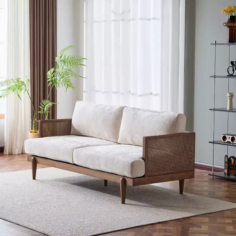 Christopher Knight Home Quince 72 Modern 3-Seater Rubberwood Velvet Upholstered Sofa with Cushion and Rattan Design