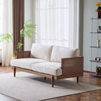 Christopher Knight Home Quince 72 Modern 3-Seater Rubberwood Velvet Upholstered Sofa with Cushion and Rattan Design