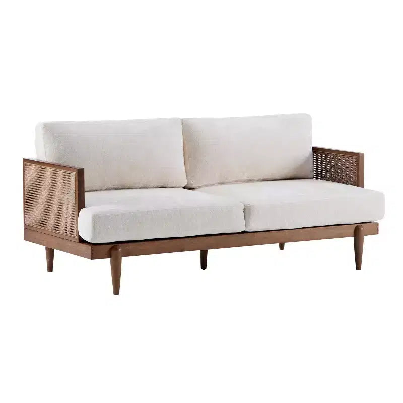 Christopher Knight Home Quince 72 Modern 3-Seater Rubberwood Velvet Upholstered Sofa with Cushion and Rattan Design