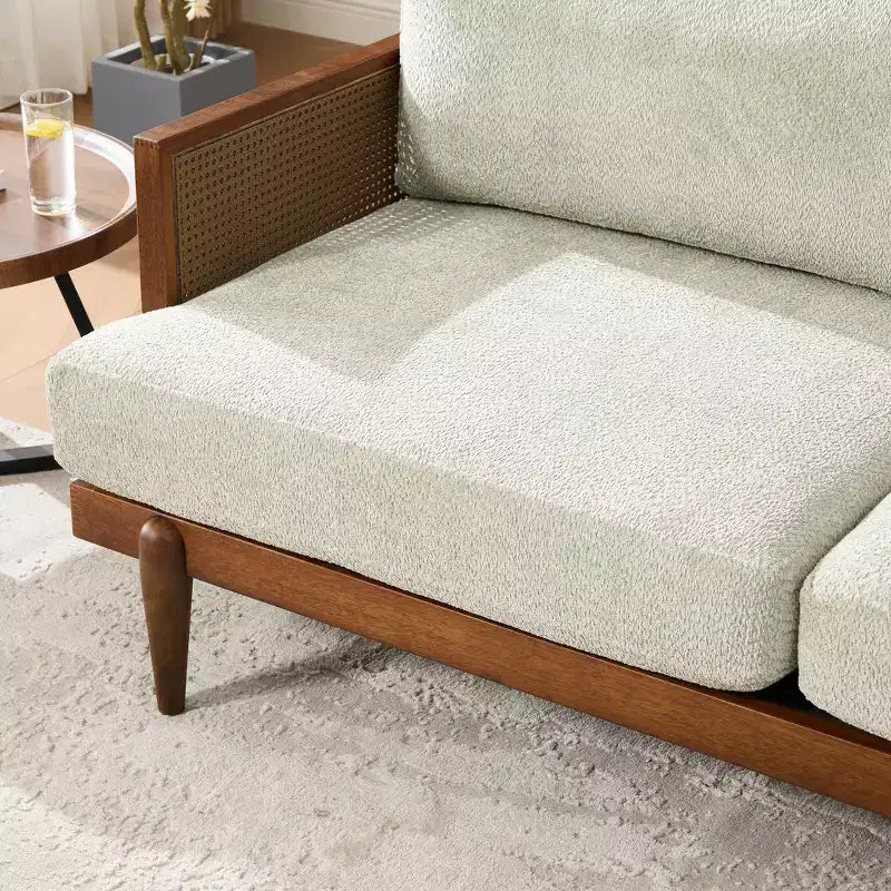 Christopher Knight Home Quince 72 Modern 3-Seater Rubberwood Velvet Upholstered Sofa with Cushion and Rattan Design