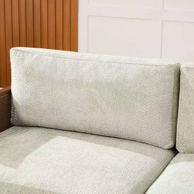 Christopher Knight Home Quince 72 Modern 3-Seater Rubberwood Velvet Upholstered Sofa with Cushion and Rattan Design