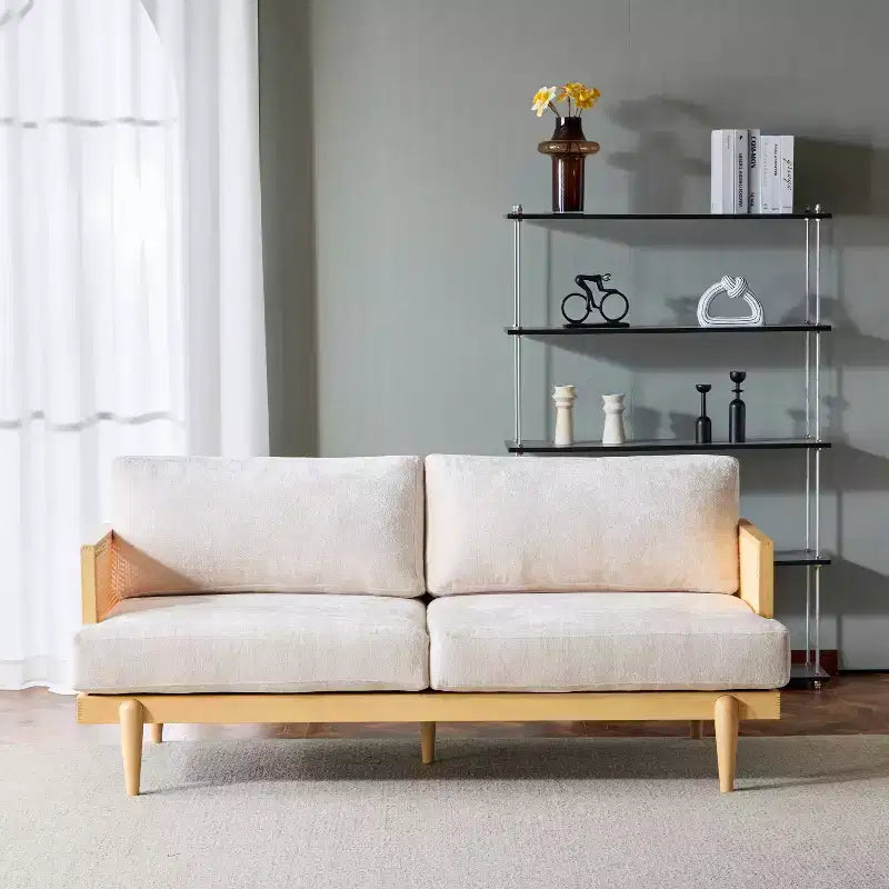 Christopher Knight Home Quince 72 Modern 3-Seater Rubberwood Velvet Upholstered Sofa with Cushion and Rattan Design