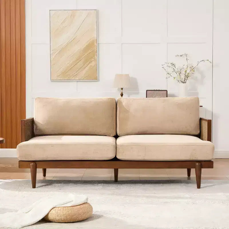 Christopher Knight Home Quince 72 Modern 3-Seater Rubberwood Velvet Upholstered Sofa with Cushion and Rattan Design