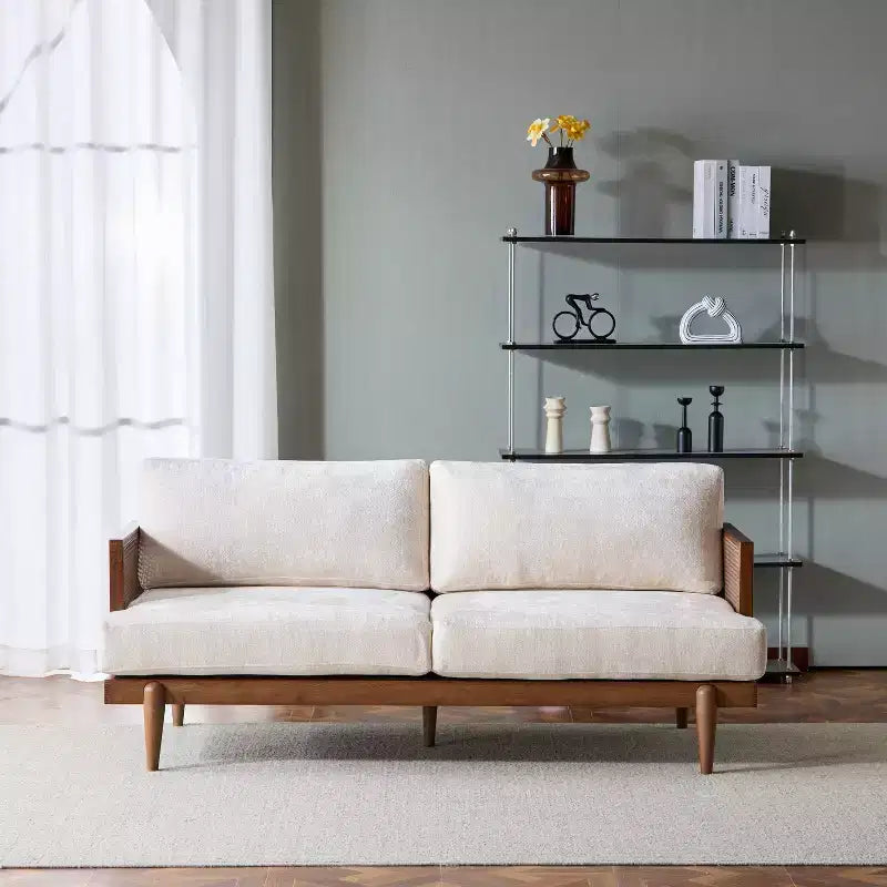 Christopher Knight Home Quince 72 Modern 3-Seater Rubberwood Velvet Upholstered Sofa with Cushion and Rattan Design