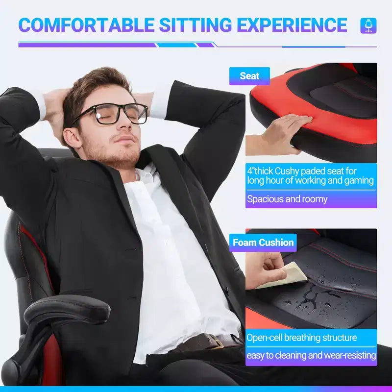 Chaise de jeu Bestier, chaise pivotante d'ordinateur en cuir PU avec soutien lombaire, dossier réglable et accoudoir rabattable pour chaise de bureau à domicile
