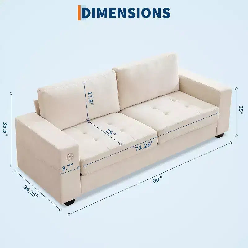 90 Loveseat Sofa Comfy Couches with USB/Type-C Charging Ports, Removable Covers & Wood Frame for Small Spaces