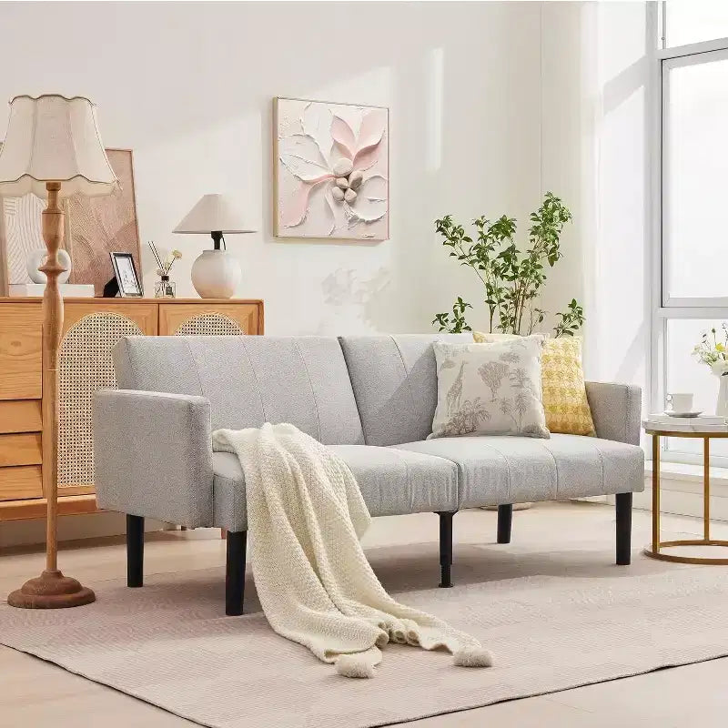 75.5 Futon Sofa Bed with Wooden Frame - Linen Flannel Loveseat Couch Bed, Vertical Pattern, Multi-Functional for Living Room