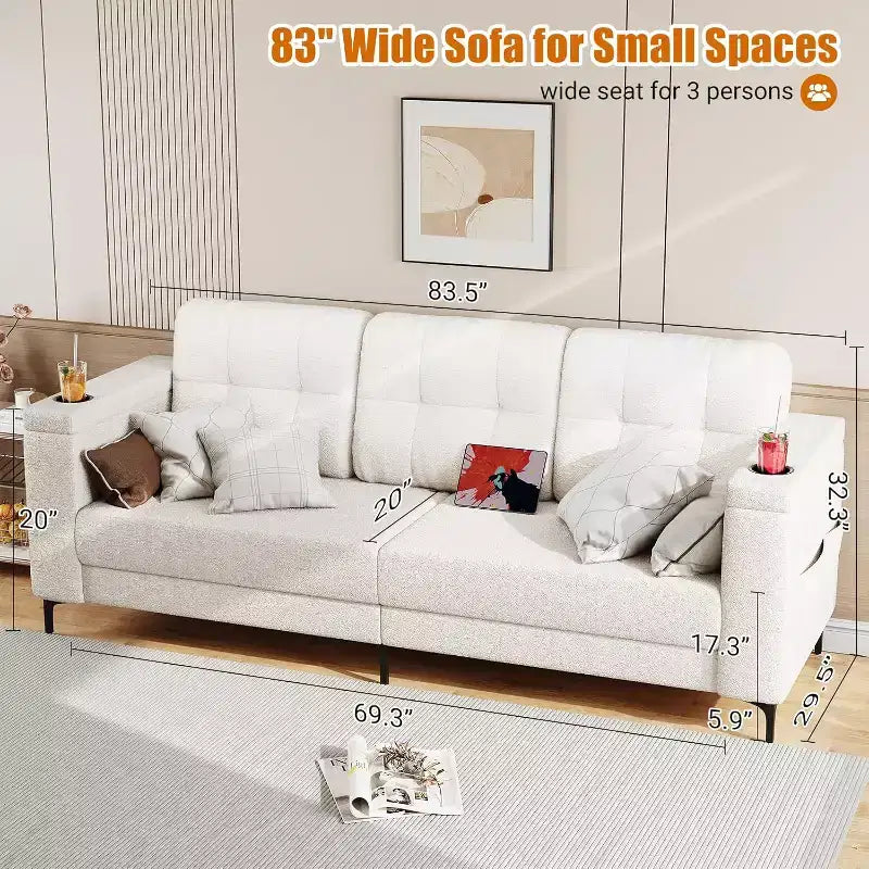 Canapé convertible moderne 83, canapé 3 places avec accoudoirs de rangement et poches latérales, canapé moderne en tissu Teddy, pour salon et chambre à coucher