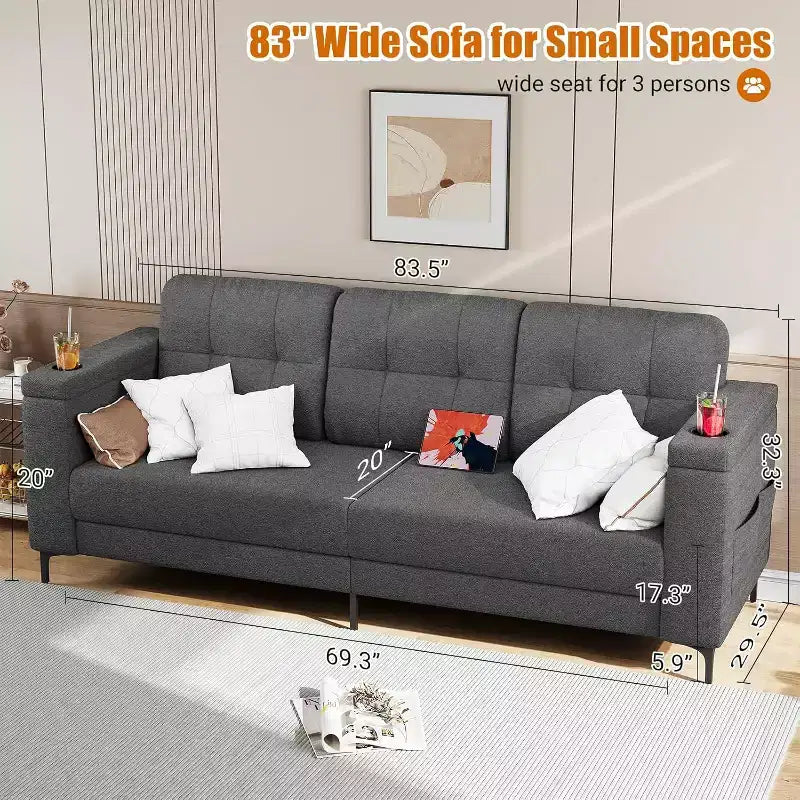 Canapé convertible moderne 83, canapé 3 places avec accoudoirs de rangement et poches latérales, canapé moderne en tissu Teddy, pour salon et chambre à coucher