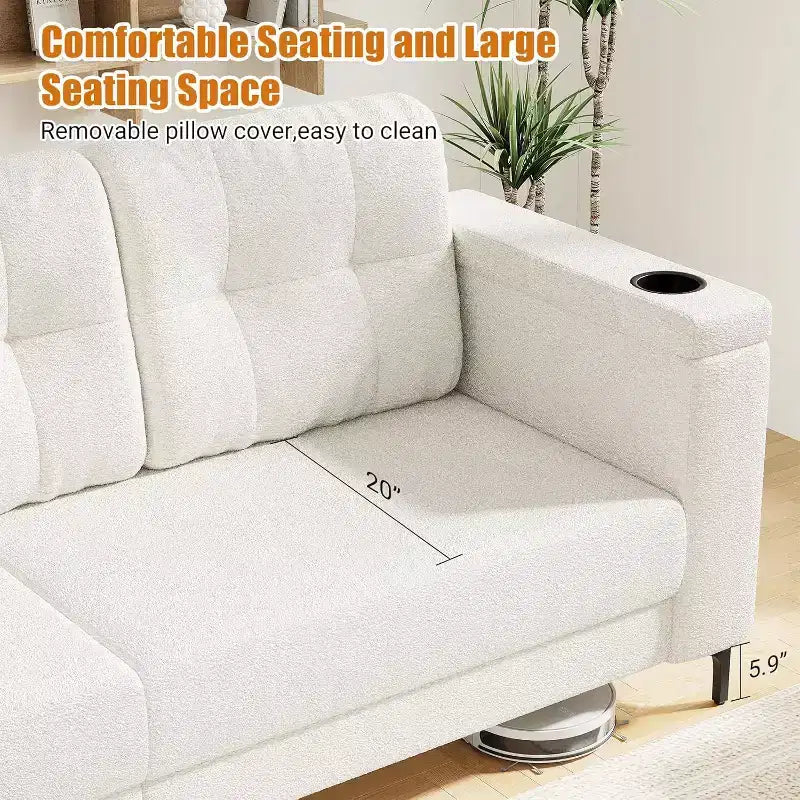 Canapé convertible moderne 83, canapé 3 places avec accoudoirs de rangement et poches latérales, canapé moderne en tissu Teddy, pour salon et chambre à coucher