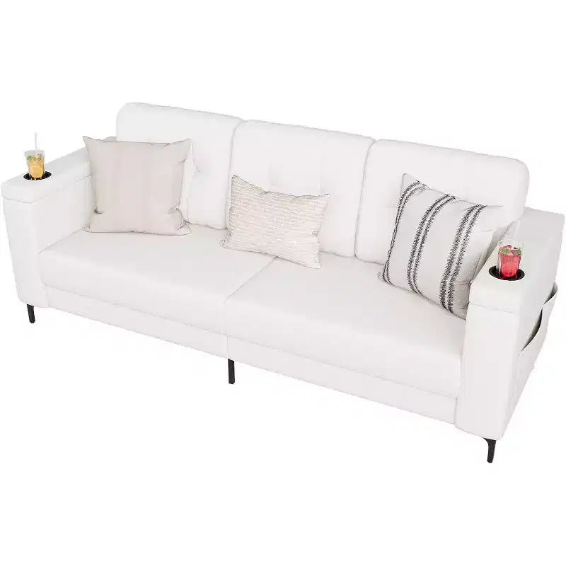 Canapé convertible moderne 83, canapé 3 places avec accoudoirs de rangement et poches latérales, canapé moderne en tissu Teddy, pour salon et chambre à coucher