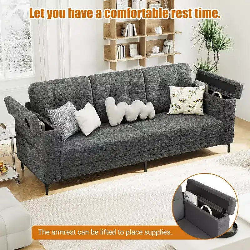 Canapé convertible moderne 83, canapé 3 places avec accoudoirs de rangement et poches latérales, canapé moderne en tissu Teddy, pour salon et chambre à coucher