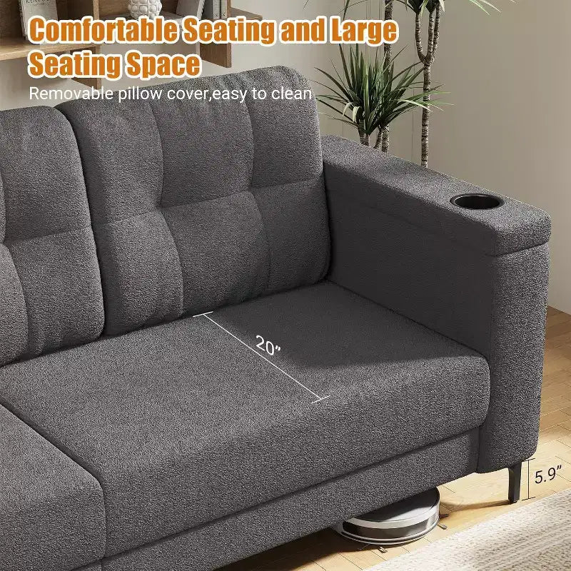 Canapé convertible moderne 83, canapé 3 places avec accoudoirs de rangement et poches latérales, canapé moderne en tissu Teddy, pour salon et chambre à coucher