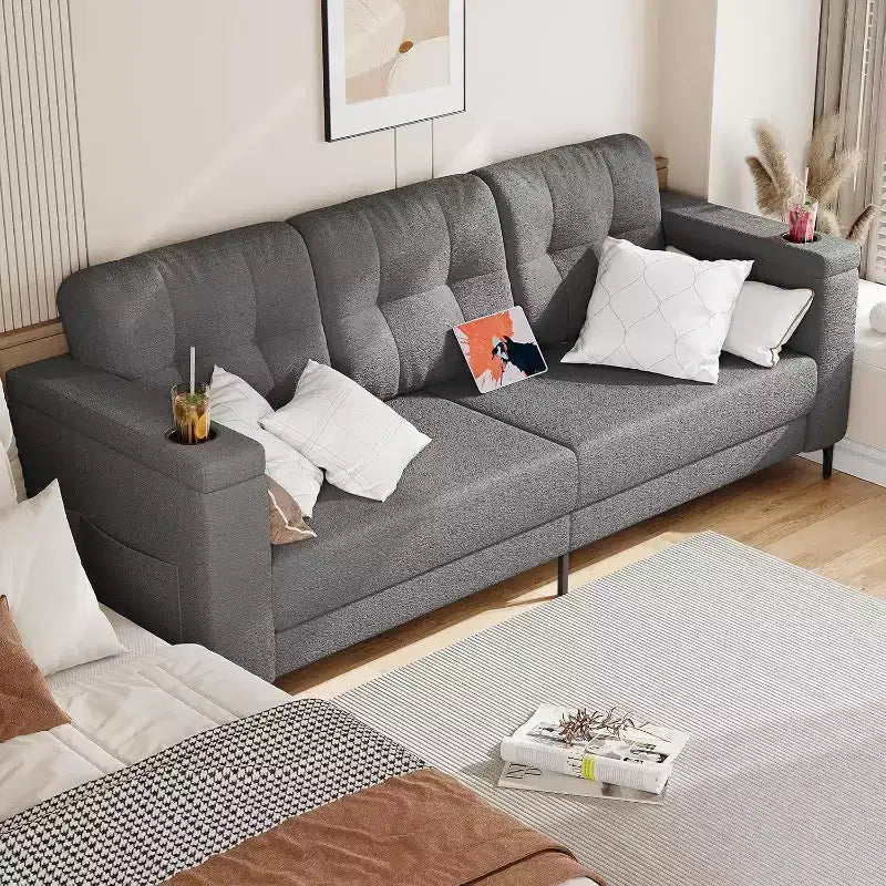 83 Modern Sofa Bed, 3 Seat Couch with Storage Armrests & Side Pockets, Modern Teddy Fabric Couch, for Living Room and Bedroom