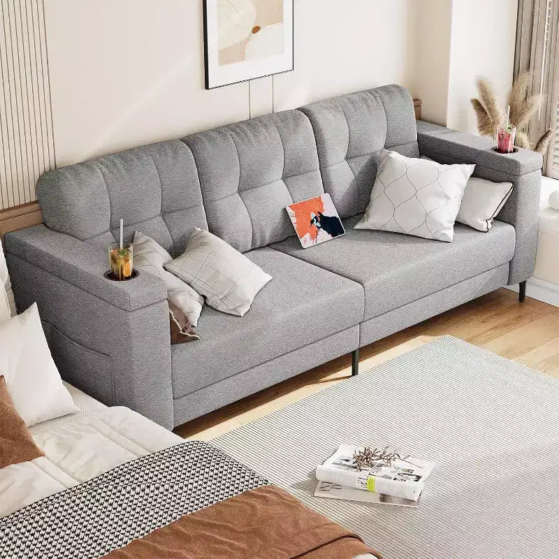 83 Modern Sofa Bed, 3 Seat Couch with Storage Armrests & Side Pockets, Modern Teddy Fabric Couch, for Living Room and Bedroom