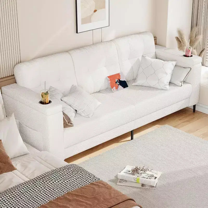 83 Modern Sofa Bed, 3 Seat Couch with Storage Armrests & Side Pockets, Modern Teddy Fabric Couch, for Living Room and Bedroom