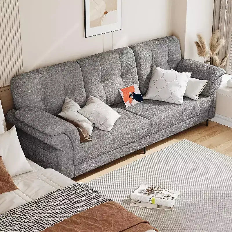 84 Inch Sofas for Living Room, Curved Armrests, Removable Pillows, Minimalist Teddy Fleece, Side Pockets, Iron Frame