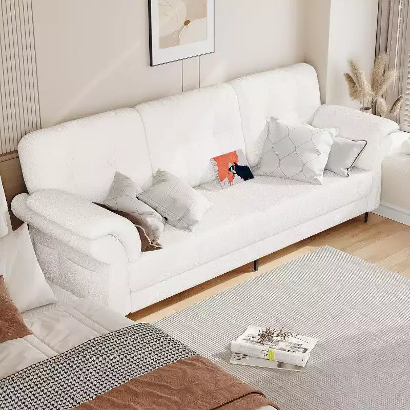84 Inch Sofas for Living Room, Curved Armrests, Removable Pillows, Minimalist Teddy Fleece, Side Pockets, Iron Frame