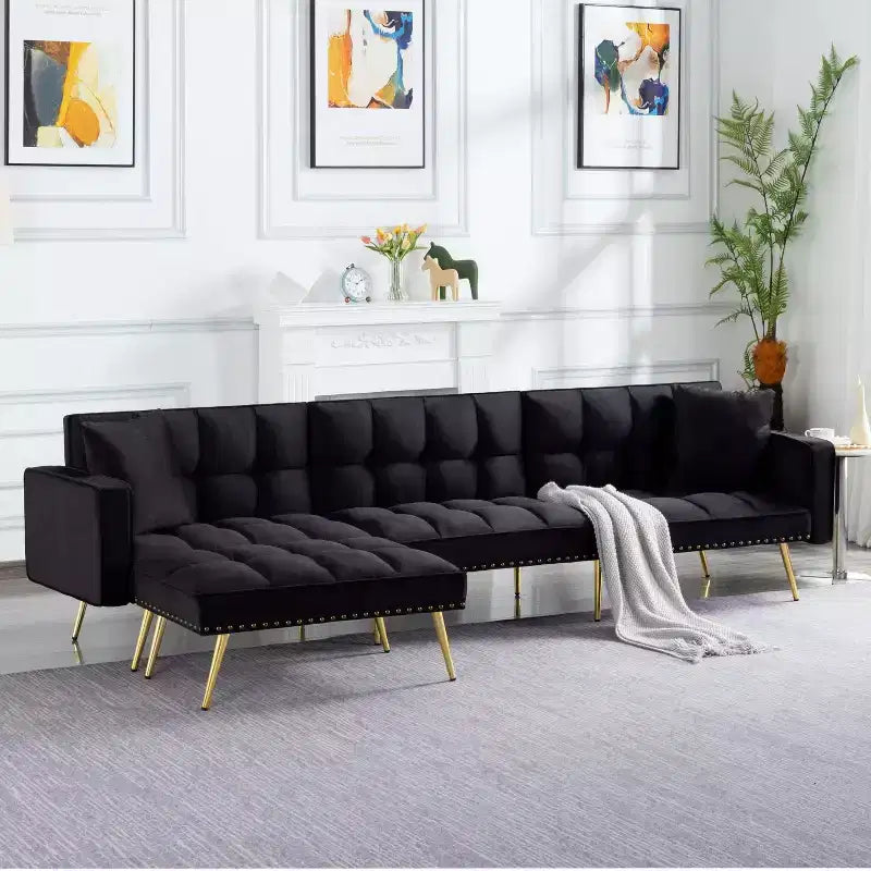 MAYEERTY 107 Inch Sofa Bed Convertible Sturdy Faux Wood Frame, 5 Recline Positions, Modern Style with Gold Legs