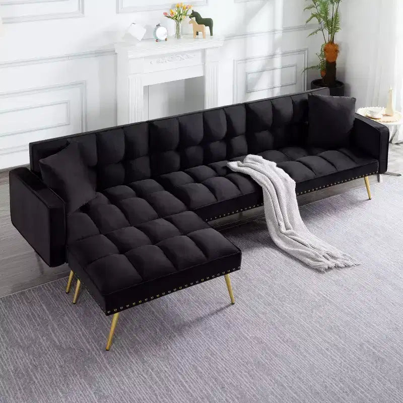 MAYEERTY 107 Inch Sofa Bed Convertible Sturdy Faux Wood Frame, 5 Recline Positions, Modern Style with Gold Legs