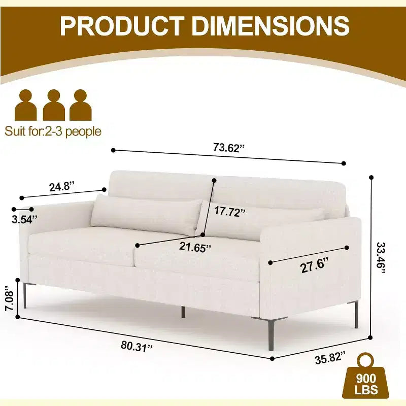 80 Linen Sofa, 3 Seater Sofa, Modern Couch and Sofa, Comfy Armrests and Seats and Backrests