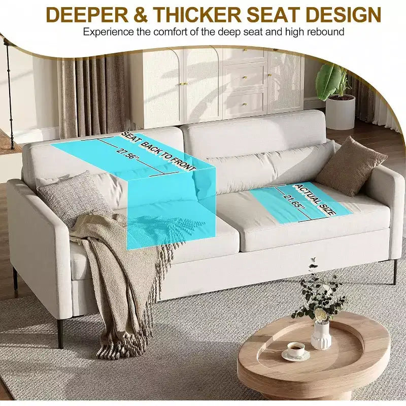 80 Linen Sofa, 3 Seater Sofa, Modern Couch and Sofa, Comfy Armrests and Seats and Backrests