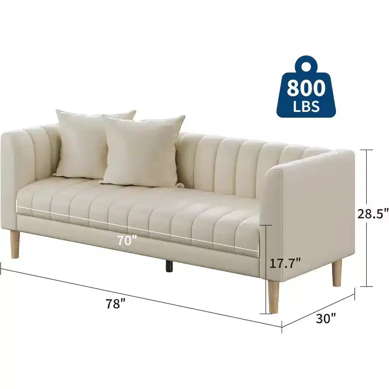 Canapé en similicuir, canapé moderne de 78" de large avec sièges profonds, canapé 3 places avec 2 coussins décoratifs et pieds en bois, pour salon