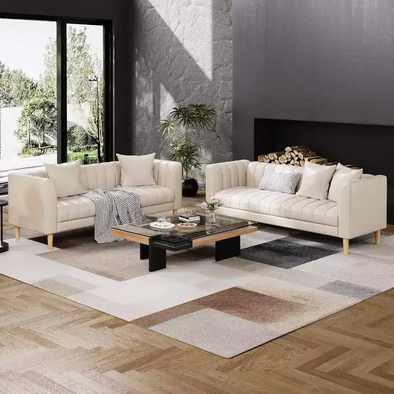 Canapé en similicuir, canapé moderne de 78" de large avec sièges profonds, canapé 3 places avec 2 coussins décoratifs et pieds en bois, pour salon