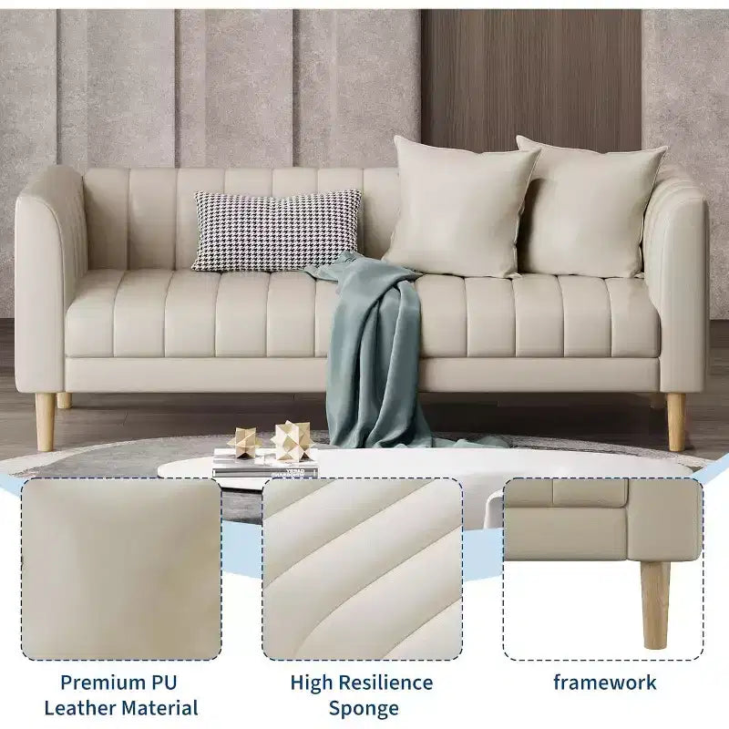 Canapé en similicuir, canapé moderne de 78" de large avec sièges profonds, canapé 3 places avec 2 coussins décoratifs et pieds en bois, pour salon