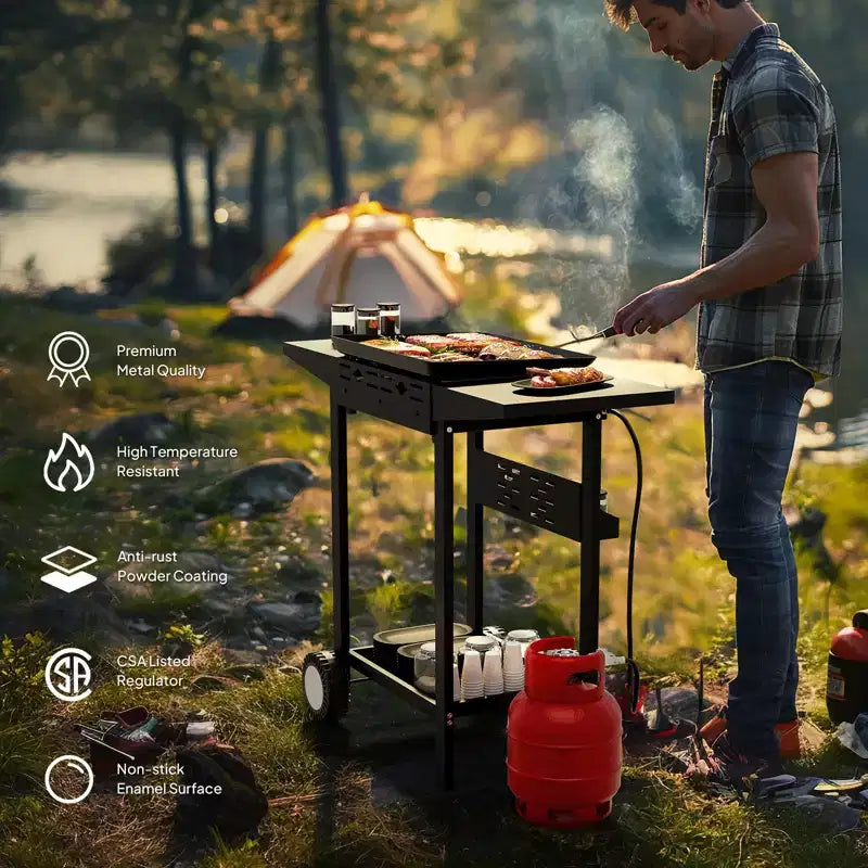 Plaque de cuisson portable au propane ROVSUN 2 brûleurs, gril à gaz roulant à dessus plat 20000 BTU avec allumage électronique et régulateur pour camping en plein air, barbecue, hayon arrière
