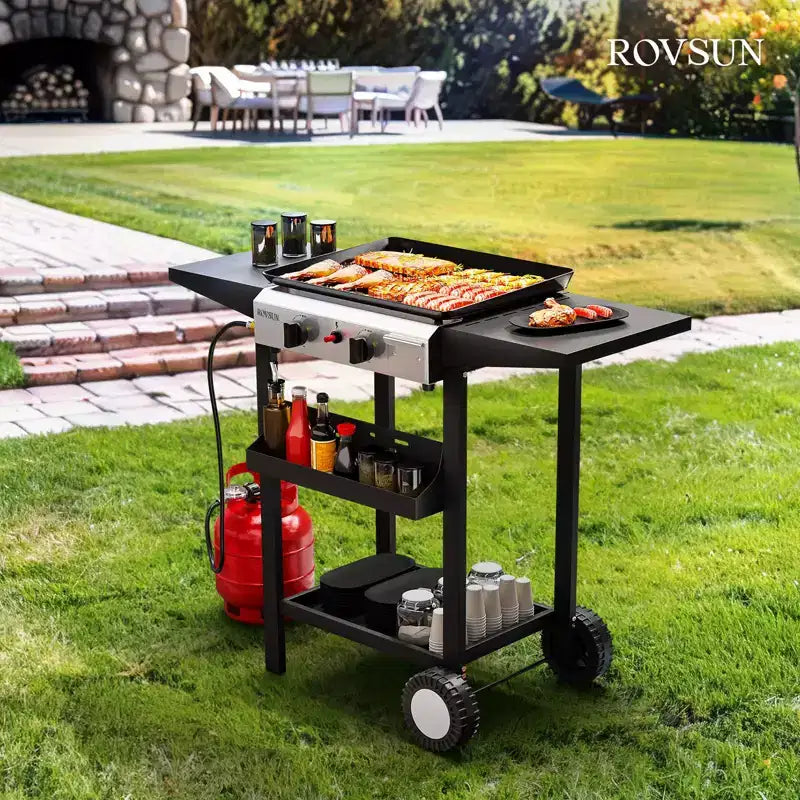 Plaque de cuisson portable au propane ROVSUN 2 brûleurs, gril à gaz roulant à dessus plat 20000 BTU avec allumage électronique et régulateur pour camping en plein air, barbecue, hayon arrière