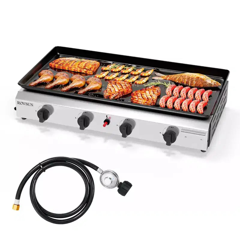 ROVSUN 4 Burner Portable Propane Griddle, 40,000 BTU Tabletop Flat Top Gas Grill with Ignition & Regulator for Outdoor Camping BBQ Picnicking