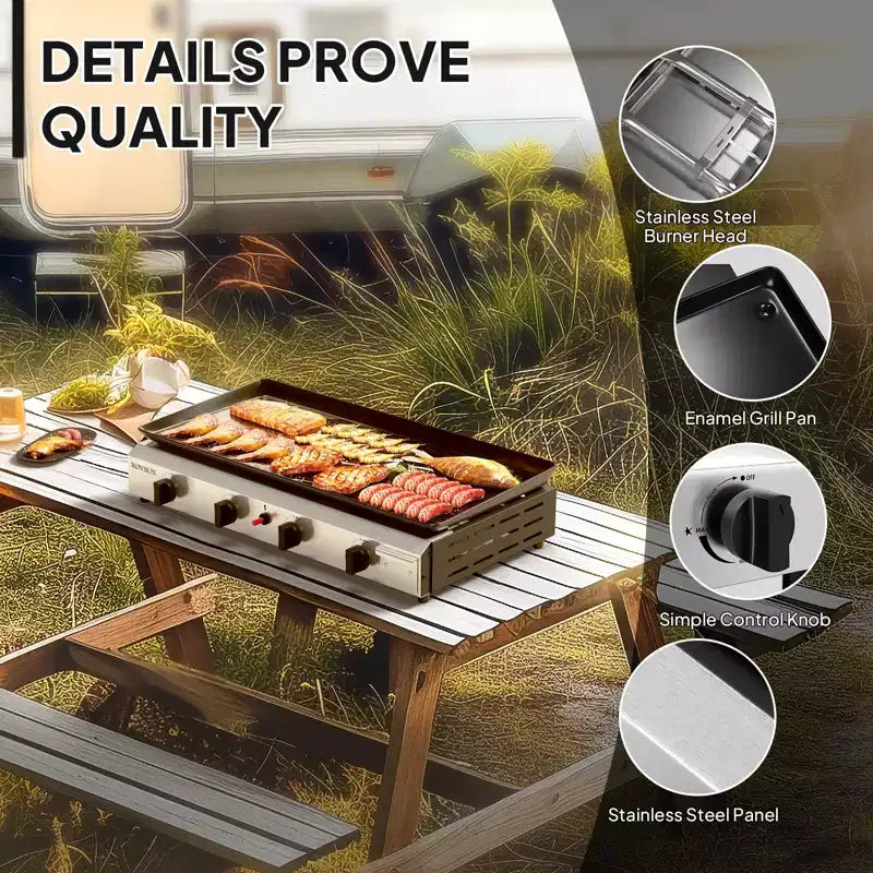 ROVSUN 4 Burner Portable Propane Griddle, 40,000 BTU Tabletop Flat Top Gas Grill with Ignition & Regulator for Outdoor Camping BBQ Picnicking