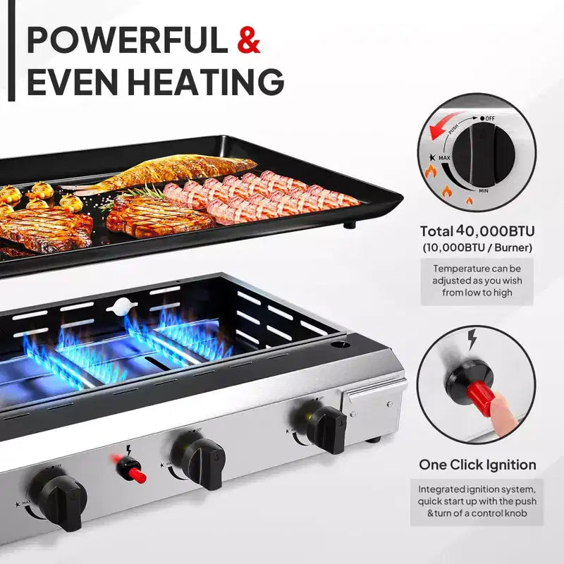 ROVSUN 4 Burner Portable Propane Griddle, 40,000 BTU Tabletop Flat Top Gas Grill with Ignition & Regulator for Outdoor Camping BBQ Picnicking