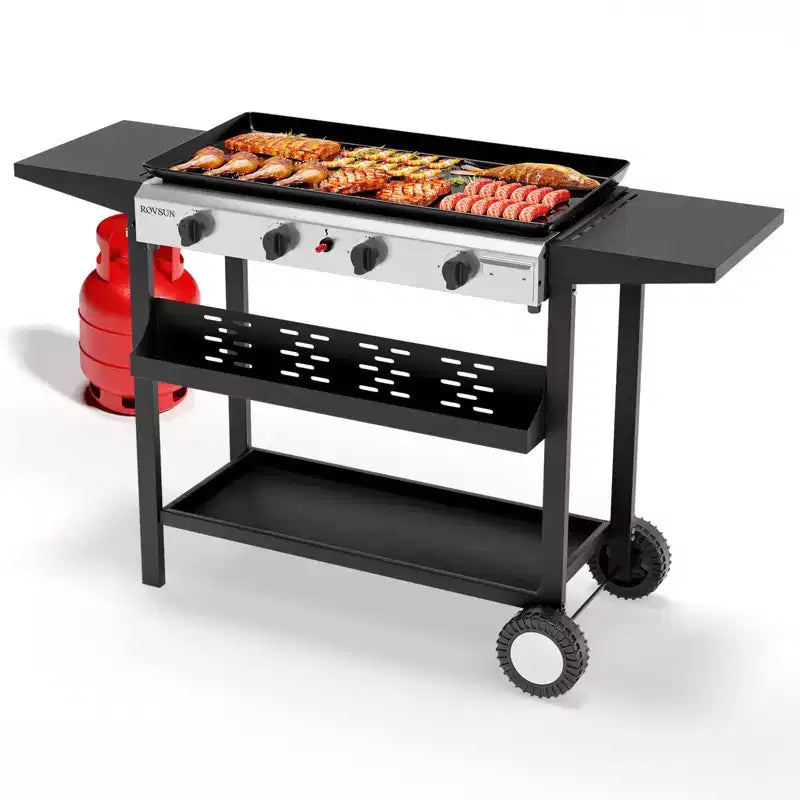 ROVSUN 4 Burner Portable Propane Griddle, 40000 BTU Rolling Flat Top Gas Grill with Electronic Ignition & Regulator for Outdoor Camping BBQ Tailgating
