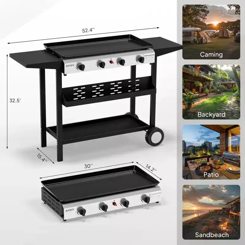 Plaque de cuisson portable au propane à 4 brûleurs ROVSUN, barbecue à gaz à dessus plat roulant de 40000 BTU avec allumage électronique et régulateur pour camping en plein air et pique-niques
