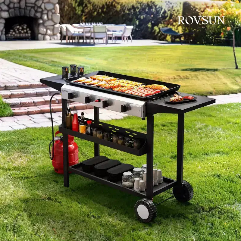 Plaque de cuisson portable au propane à 4 brûleurs ROVSUN, barbecue à gaz à dessus plat roulant de 40000 BTU avec allumage électronique et régulateur pour camping en plein air et pique-niques