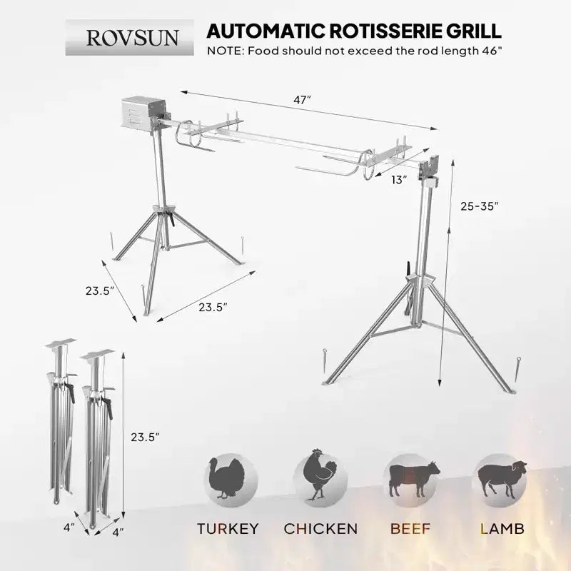 ROVSUN 46 Electric Rotisserie Grill, Pig Lamb Spit Roaster Stand Rotisserie 176 Lbs Capacity, Charcoal Rotisserie Grill Kit Stainless Steel
