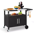 ROVSUN Gourmet Grill Cart with Storage, Movable Grill Table with Wheels, Hooks and Spice Rack, Stainless Steel Top & Storage Cabinet, Pizza Oven Cart
