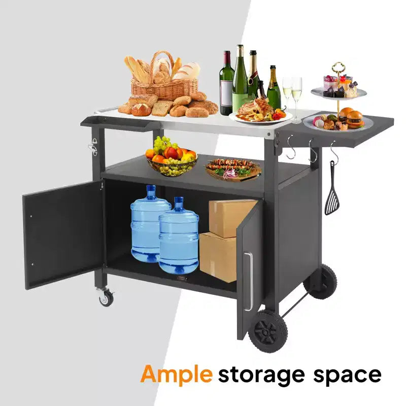Chariot de barbecue ROVSUN Gourmet avec rangement, table de barbecue mobile avec roues, crochets et porte-épices, plateau en acier inoxydable et armoire de rangement, chariot de four à pizza