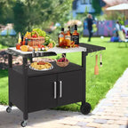 Chariot de barbecue ROVSUN Gourmet avec rangement, table de barbecue mobile avec roues, crochets et porte-épices, plateau en acier inoxydable et armoire de rangement, chariot de four à pizza