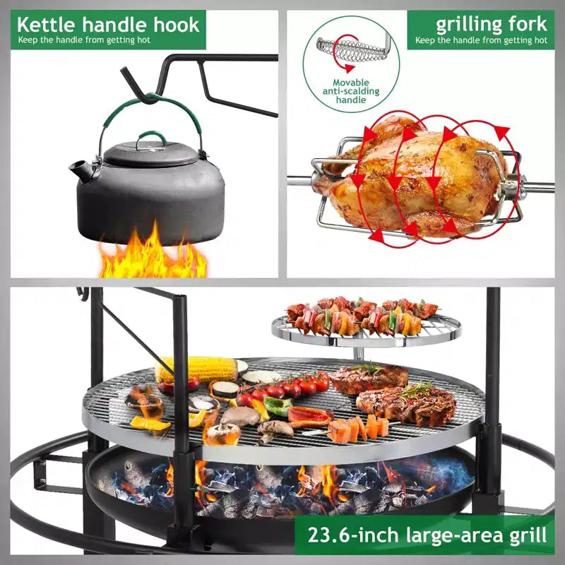 ROVSUN Foyer d'extérieur 33 pouces avec 2 grilles, Foyer à bois avec grille de cuisson pivotanteFoyer d'extérieur avec grille pivotante amovible