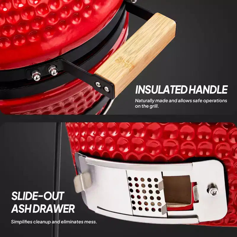 Barbecue au charbon de bois sphérique en céramique ROVSUN 13 pouces rouge avec revêtement intérieur, fumoir portable pour la cuisine en extérieur, le camping et les grillades dans le jardin