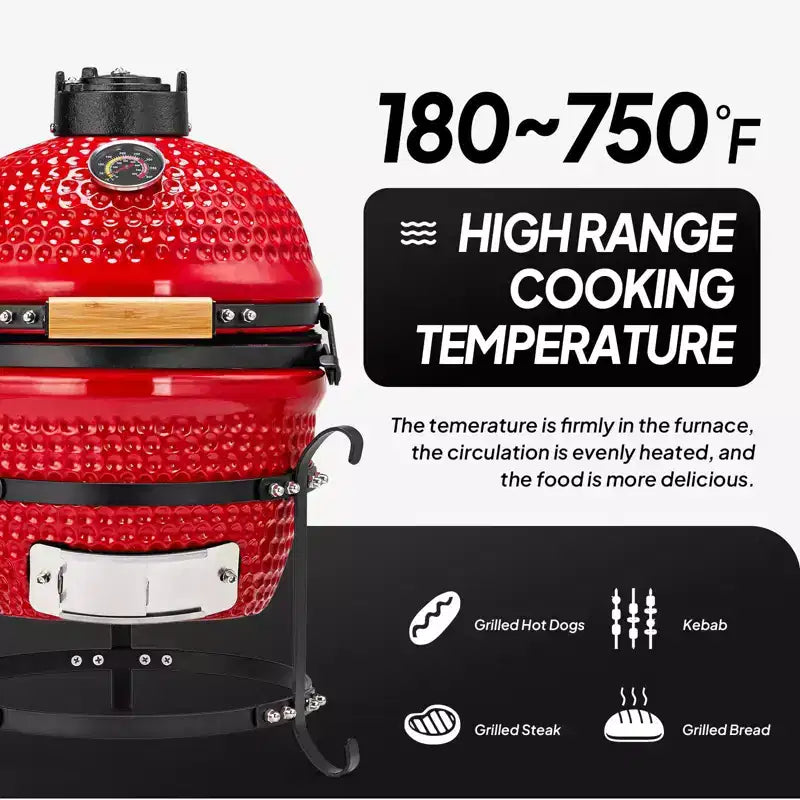Barbecue au charbon de bois sphérique en céramique ROVSUN 13 pouces rouge avec revêtement intérieur, fumoir portable pour la cuisine en extérieur, le camping et les grillades dans le jardin