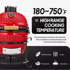 Barbecue au charbon de bois sphérique en céramique ROVSUN 13 pouces rouge avec revêtement intérieur, fumoir portable pour la cuisine en extérieur, le camping et les grillades dans le jardin